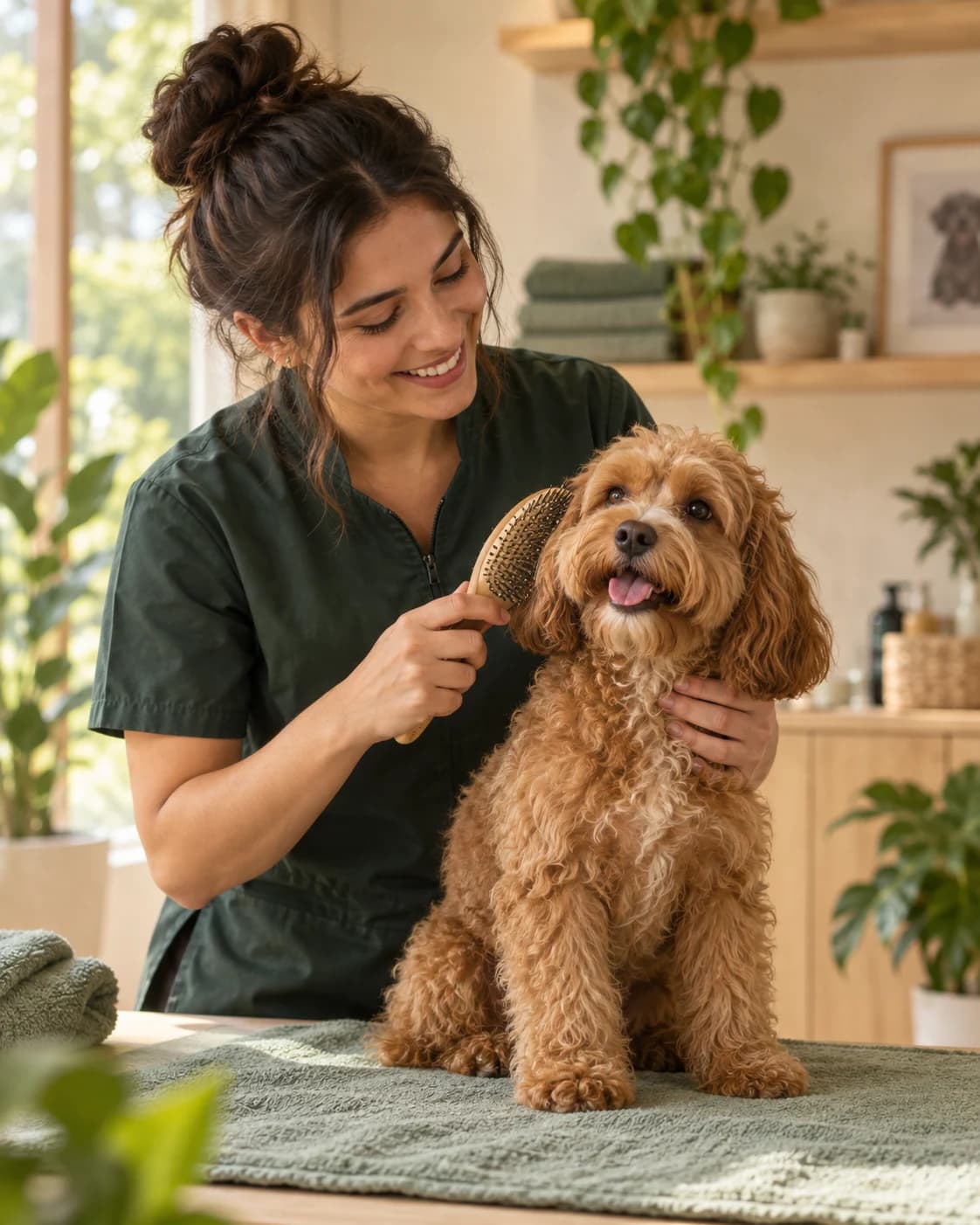 Cena ilustrativa de uma profissional escovando com cuidado um cão de pelo caramelo