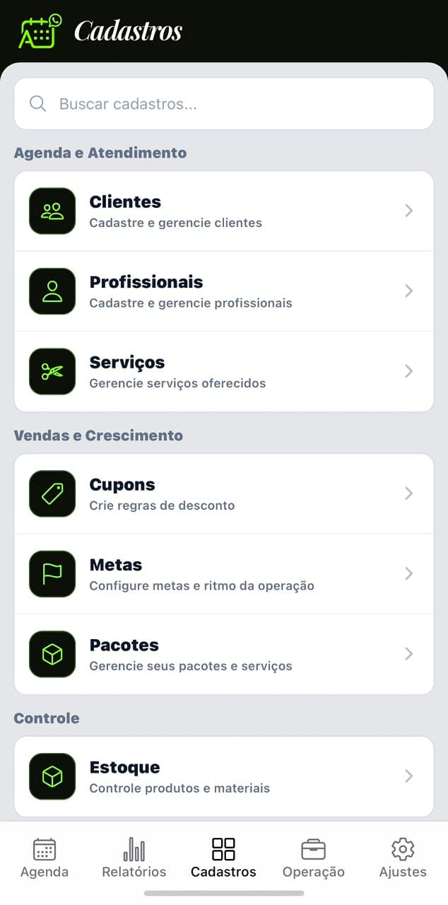 Print real da tela de cadastros do Agendesk no app mobile