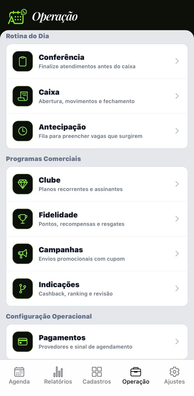 Print real da tela de operação comercial do Agendesk no app mobile